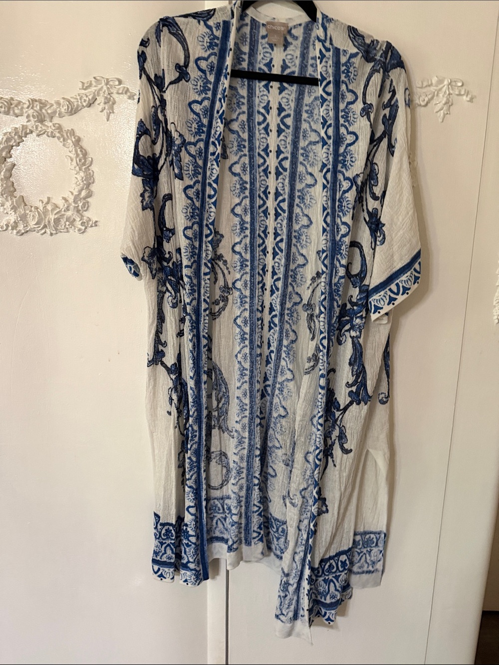 Chico's White and Blue Open Front  Duster Kimono